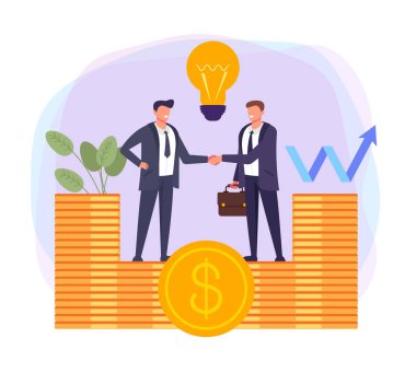 İki kişi işadamı ofis çalışanları el sıkışıyor. İş anlaşması kavramı. Vektör düz karikatür grafik tasarım illüstrasyon