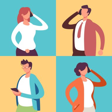 Telefon araması karakteri iletişim konsepti. Vektör düz çizgi film grafik tasarım çizimi