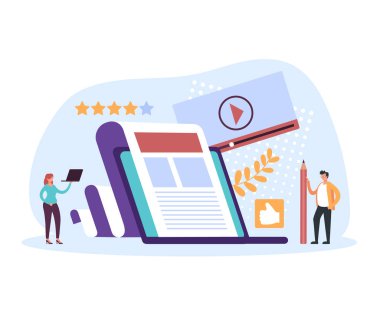 Sosyal medya yönetimi konsepti blogunda. Vektör düz çizgi film grafik tasarım çizimi