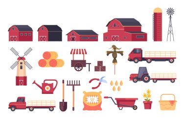Çiftlik aletleri elementleri izole edildi. Vektör düz grafik tasarım çizgi film illüstrasyonu