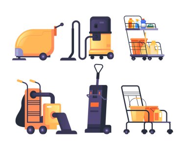 Temizlik makinesi ekipmanları izole edildi. Vektör düz grafik tasarım çizgi film illüstrasyonu