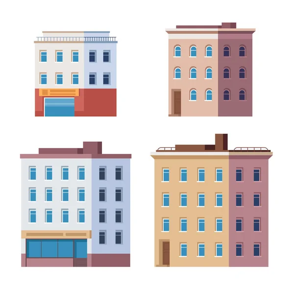 Edificio Casa Ciudad Conjunto Aislado Ilustración Dibujos Animados Diseño Gráfico — Vector de stock