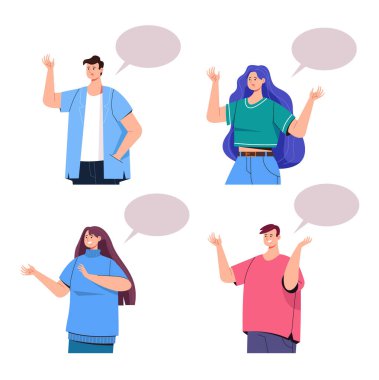 İnsanların karakterleri izole edilmiş beyaz arka plan seti hakkında konuşuyor. Vektör düz grafik tasarım çizimi