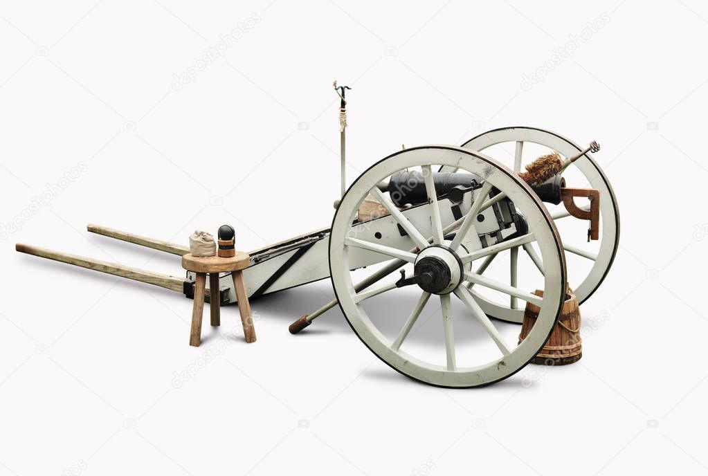 White and black cannon with complete accessories isolated in white background.