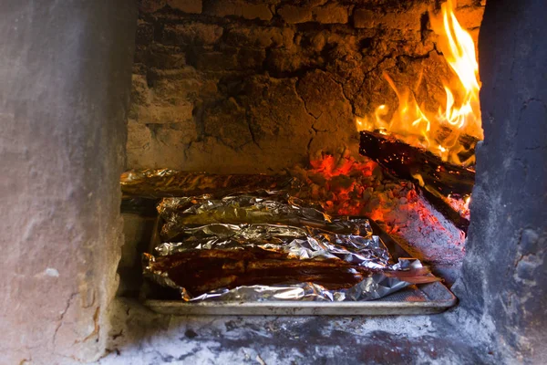 Estufa Leña Tradicional Cocinar Pescado Sobre Las Brasas Oaxaca — Foto de Stock