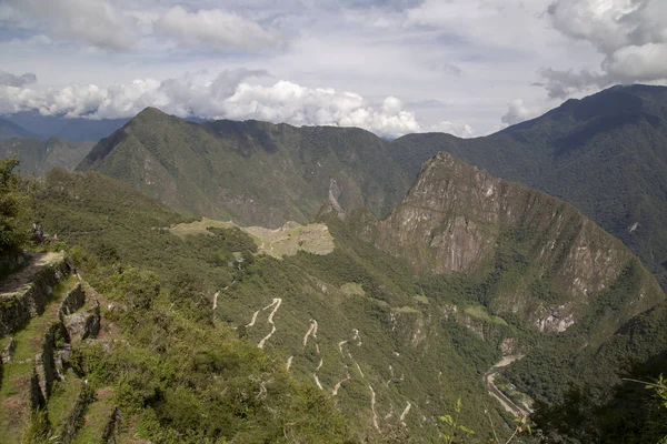 Machu Picchu Och Huayna Picchu Bergen Peru Sett Från Dörren — Stockfoto