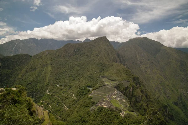 Panorámás Kilátással Machu Picchu Peru Város Romjai Inka Birodalom Huaynapicchu — Stock Fotó