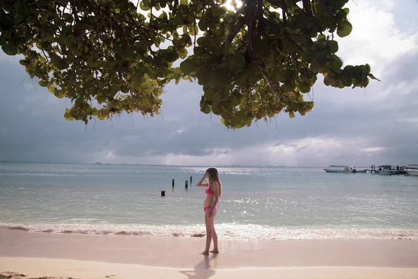 Beautiful blissful woman in bikini enjoying tropical , Isla Mujeres island near Cancun in Mexico. Latin America