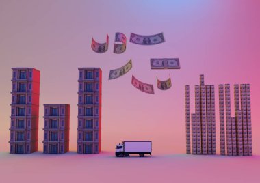 Karton kutular, ev teslimatı kamyonu ve pembe arka plan 3D resimli binalar.