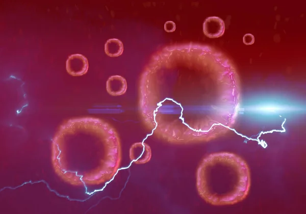 energy ray on red blood cells.3d illustration