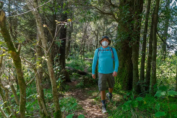 一个戴着医疗面具和帽子的年轻男性游客站在山上 复制空间 — 图库照片