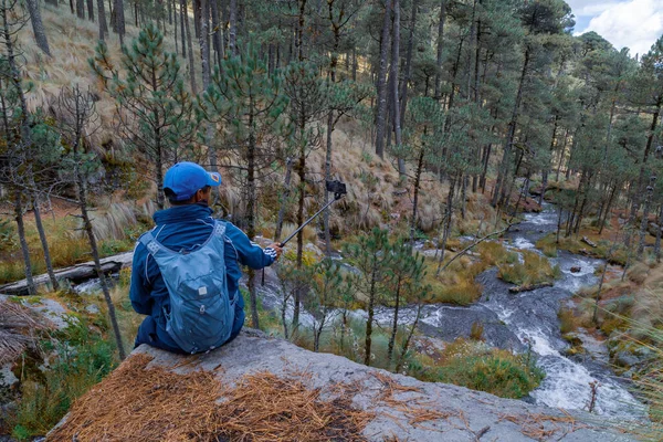 Young Man Traveller Wearing Face Mask Nature Taking Selfie Waterfall — Stock Photo, Image