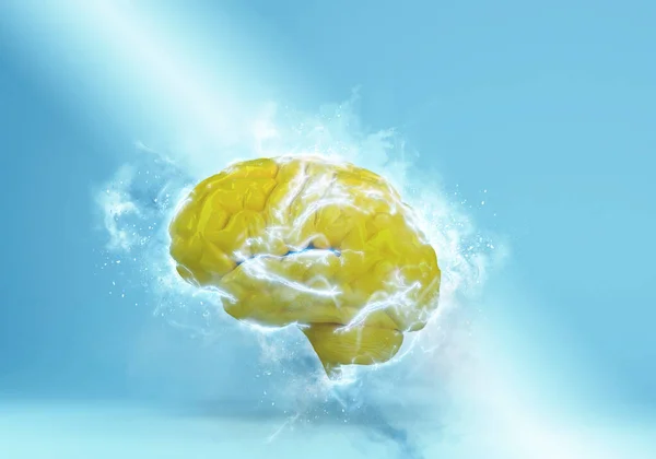 Conceitual Brainstorm Amarelo Cerebral Fundo Azul Relâmpago Super Cérebro Renderização — Fotografia de Stock