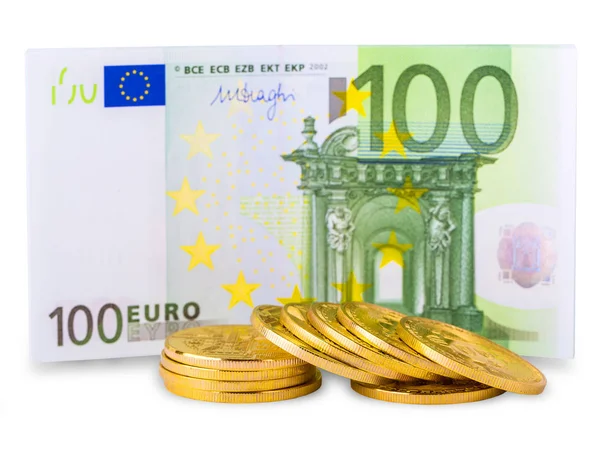 Fondo Con Dinero Efectivo Euros Bitcoin Sobre Fondo Blanco — Foto de Stock