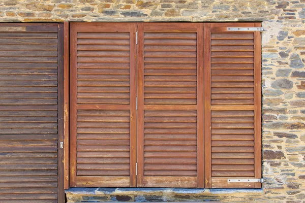 Old Wooden Windows Frame Stone Wall Spain — Stock Photo, Image