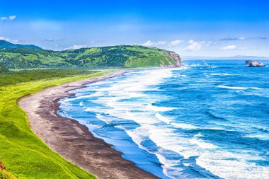 Siyah kum ve Kamçatka Pasifik Okyanusu kıyısında dalgaları ile plaj