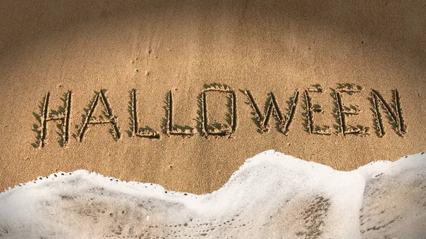 Fond Halloween Texte Inscription Halloween Sur Sable Marin Avec Vagues — Photo