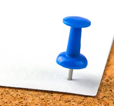 ahşap bir stoper üzerinde white Paper bir saç sıkışmış bir iğne ile plastik düğme.