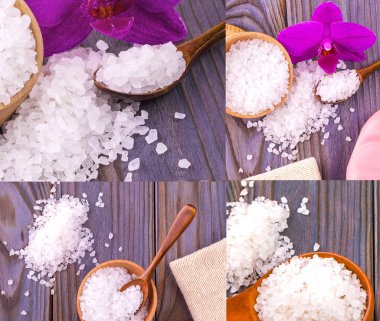 Deniz tuzu fincanda, kaşık ve çuval bezi ahşap masada 