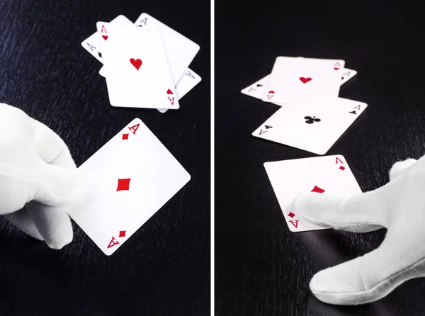 Set Closeup Hand Dealer White Gloves Casino Handing Out Cards — Stock Photo, Image