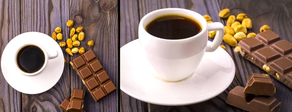 bir fincan kahve ve bir ahşap yüzeyde fındıklı çikolata kümesi