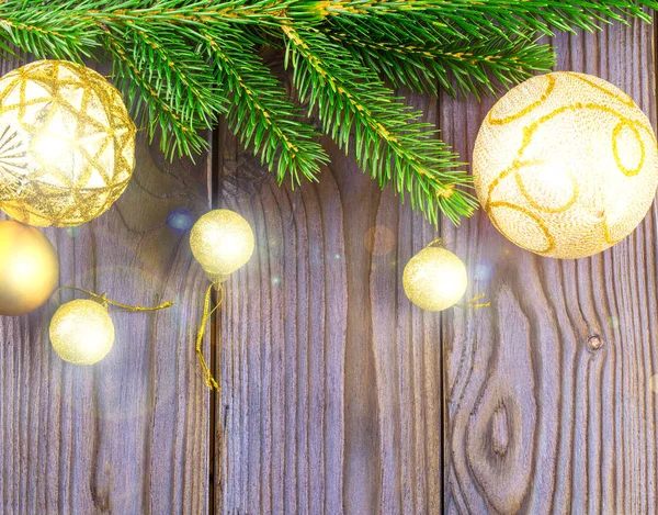 Kerstmis Achtergrond Met Verse Firtree Kerstballen Hout Met Bright — Stockfoto