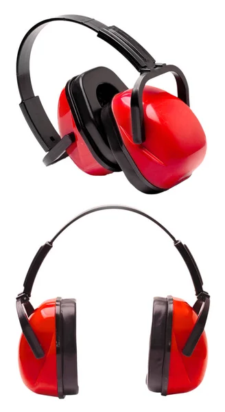 Σετ Κόκκινα Ακουστικά Στην Εργασία Στο Μηχάνημα Κομμένες Λευκό Φόντο — Φωτογραφία Αρχείου