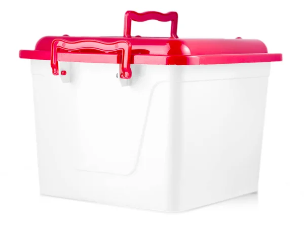 Caja Plástico Blanco Con Cubierta Roja Sobre Blanco —  Fotos de Stock