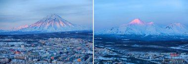 Panoramik şehir Petropavlovsk Kamchatsky ve volkanlar kümesi: Koryaksky volkan, Avacha volkan, Kozelsky volkan. Rus Uzak Doğu, Kamçatka Yarımadası.