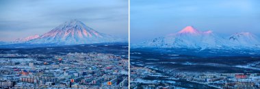 Set of panoramic view of the city Petropavlovsk-Kamchatsky and volcanoes: Koryaksky Volcano, Avacha Volcano, Kozelsky Volcano. Russian Far East, Kamchatka Peninsula. clipart
