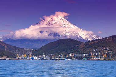 Petropavlovsk-Kamçatsky kentinin panoramik manzarası ve volkanlar: Koryaksky Volkanı, Avacha Volkanı, Kozelsky Volkanı. Rus Uzak Doğusu, Kamçatka Yarımadası