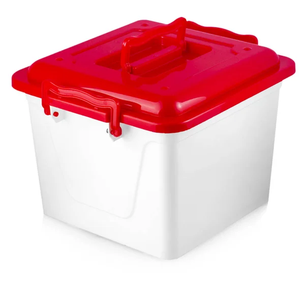 Λευκό Πλαστικό Κουτί Κόκκινο Κάλυμμα Λευκό Φόντο — Φωτογραφία Αρχείου