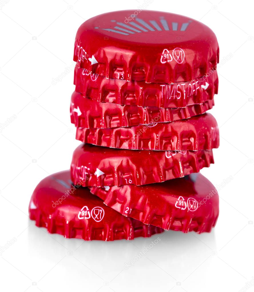 Kamchatka, Russia - 19 May 2018: Red beer caps Bud. From Anheuser-Busch InBev, Budweiser and Bud Light are top selling domestic beers in the United States.