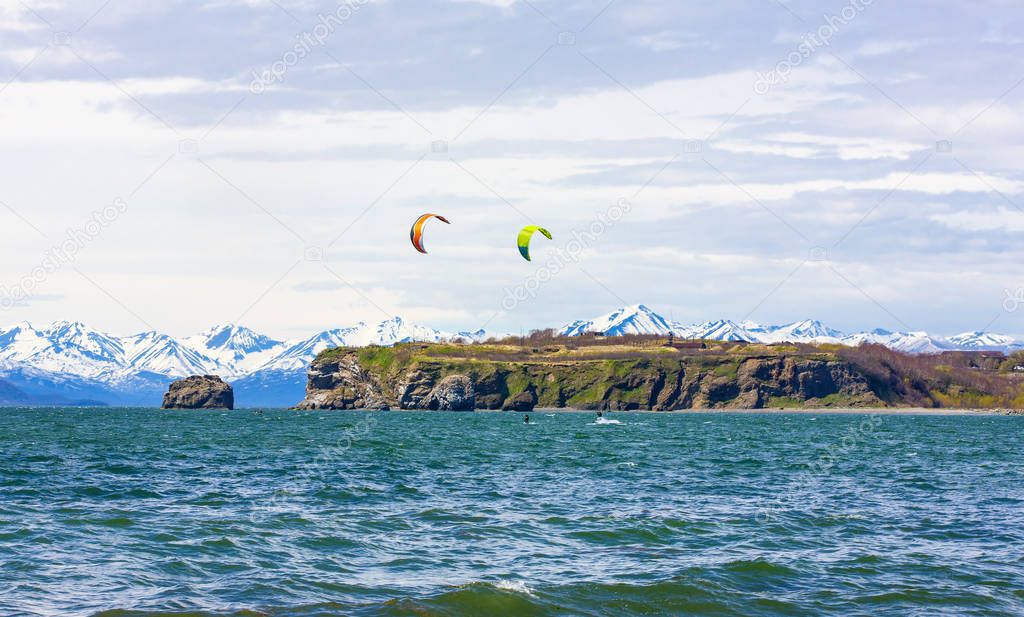The Kitesurfing, kiteboarding, kite surf. Extreme sport kitesurf