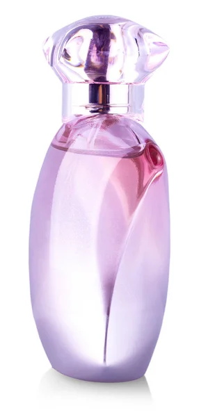 A garrafa de vidro de perfume feminino no fundo branco — Fotografia de Stock