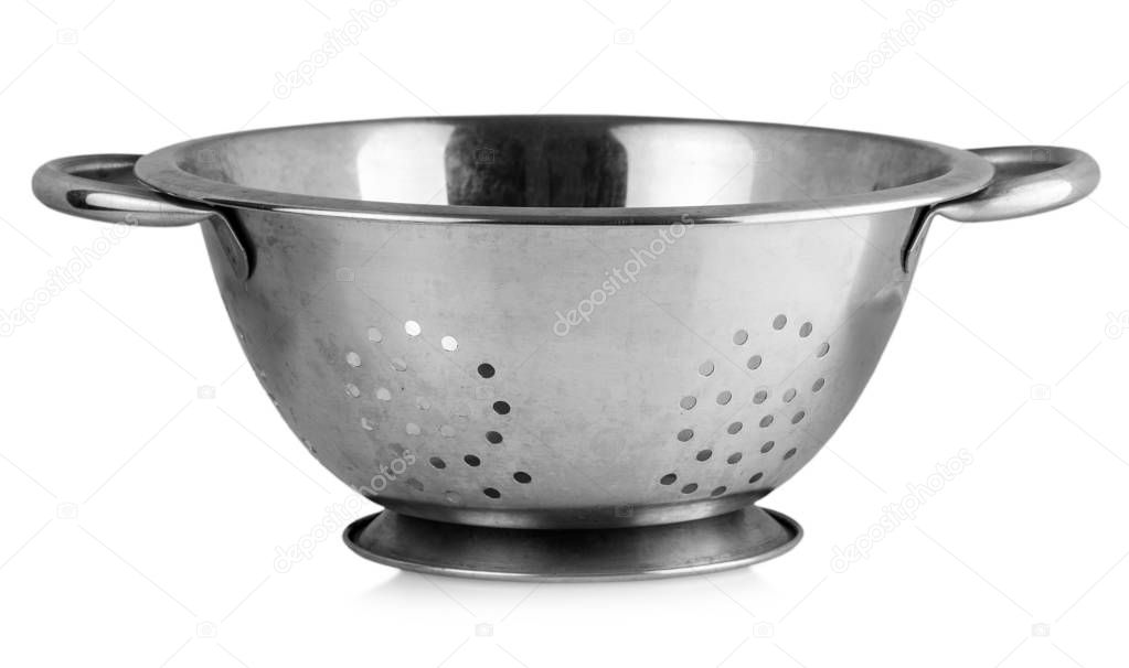 The old metal colander sieve isolated on white background.