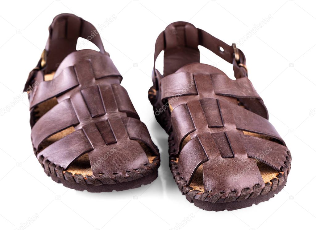 The leather brown men's sandals on white