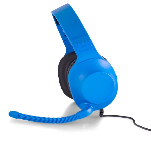 Το μπλε ακουστικό με μικρόφωνο απομονωμένο σε λευκό προγρό — Φωτογραφία Αρχείου