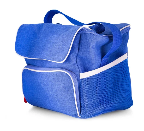 Beyaz arka plan üzerinde mavi denim çanta — Stok fotoğraf