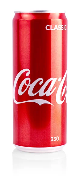 Redakcja zdjęcie zbliżenie aluminium czerwony puszka z Coca-Cola — Zdjęcie stockowe