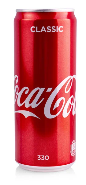 Redakcja zdjęcie zbliżenie aluminium czerwony puszka z Coca-Cola — Zdjęcie stockowe