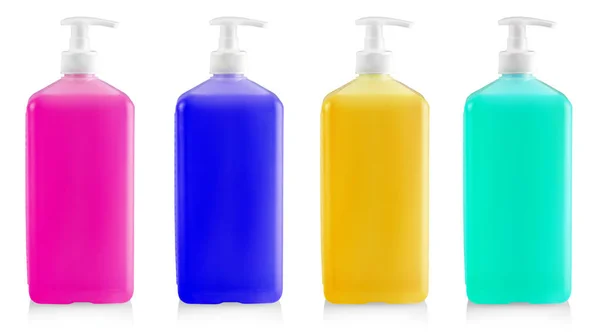 I contenitori colorati liquidi per gel, lozione, crema, shampoo, b — Foto Stock