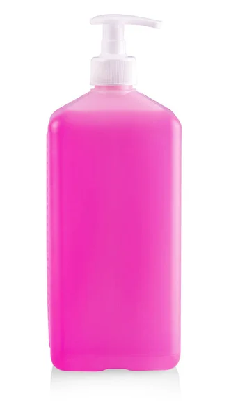 Jel, losyon, krem, şampuan, beyaz dispenser pompa ile pembe kozmetik plastik şişe banyo için Sıvı konteyner. — Stok fotoğraf