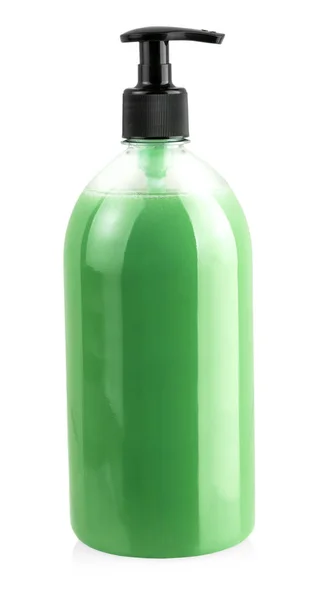 Der Flüssigkeitsbehälter für Gel, Lotion, Creme, Shampoo, Bad aus rosa kosmetischen Plastikflasche mit schwarzer Spenderpumpe. — Stockfoto