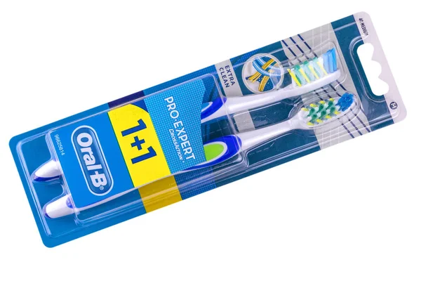 Draufsicht der oralen-b 3D-Verpackung mit weißer Zahnbürste isoliert auf weißem Hintergrund — Stockfoto