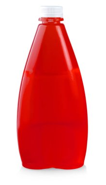 Plastik şişe de domates suyu beyaz arka plan üzerinde izole