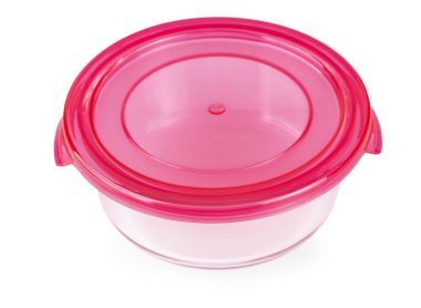 Kırmızı plastik kapak beyaz izole ile cam gıda konteyner 