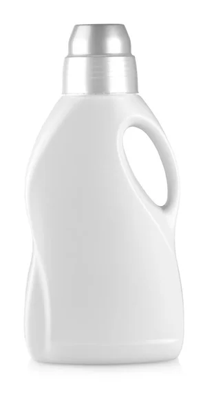Белая пластиковая бутылка с ручкой на белом — стоковое фото