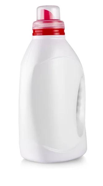 Bílá plastová láhev s rukojetí na bílém — Stock fotografie