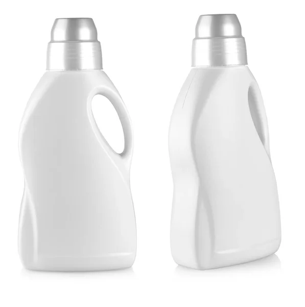 Bílá plastová láhev s rukojetí na bílém — Stock fotografie